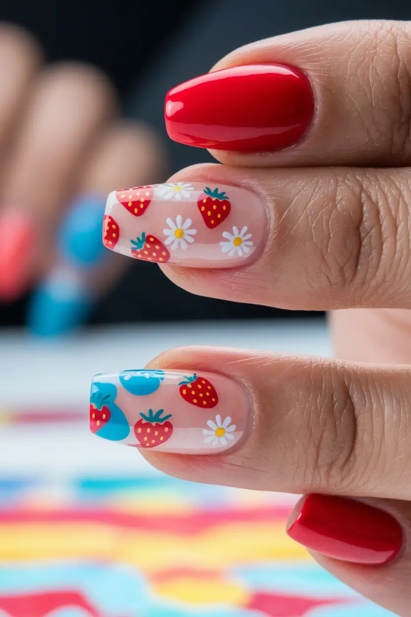 cute summer nails ideas 2025 Strawberry Picnic Nails