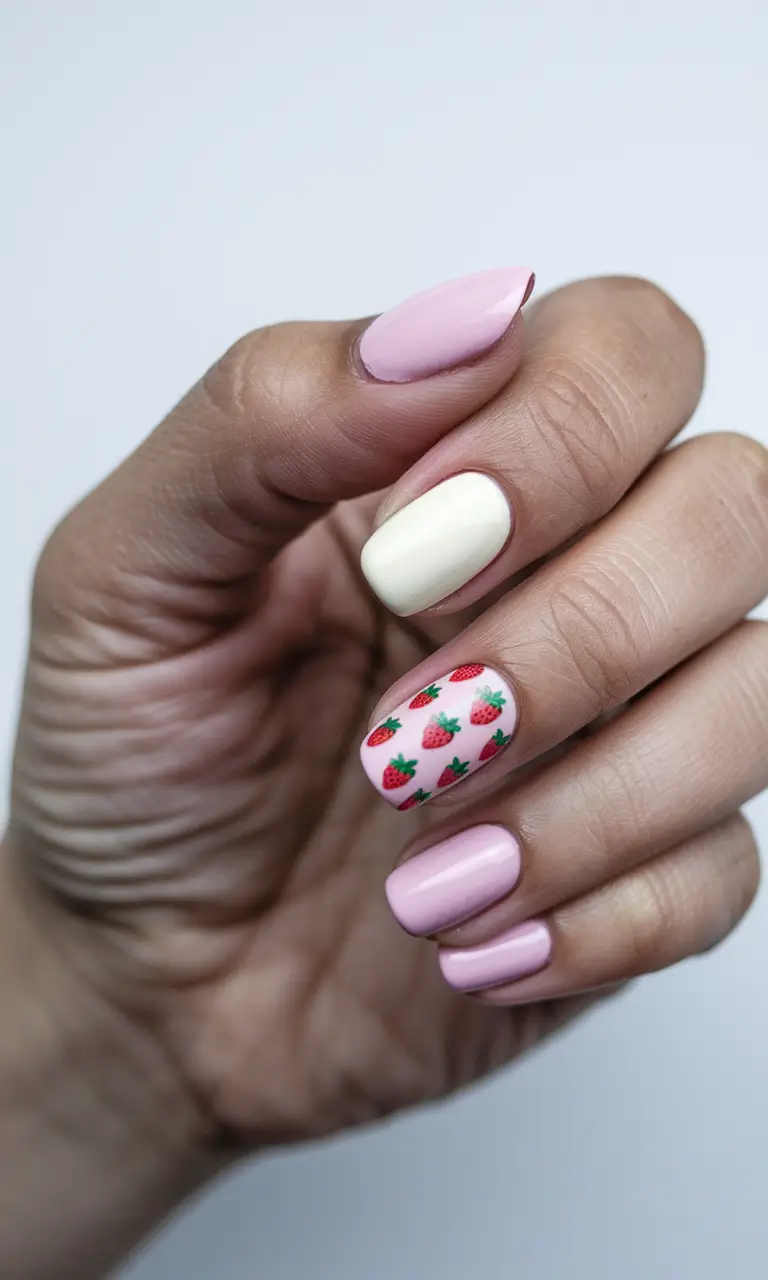cute summer nails ideas 2025 Strawberry Fields and Creamy Pastels