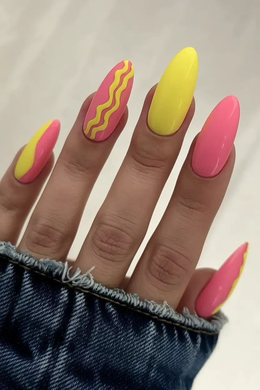 cute summer nails ideas 2025 Bold Wavy Colorblocking in Hot Pink and Sunshine