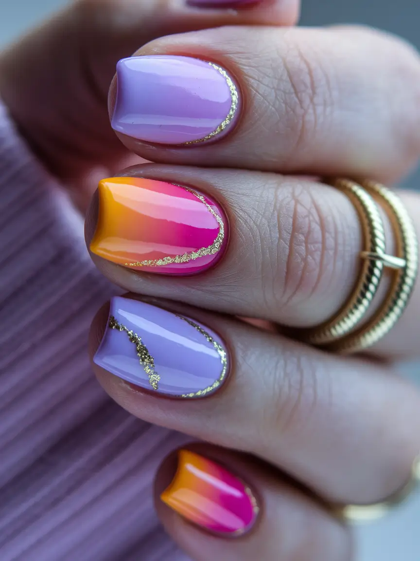 cute summer nails ideas 2025 Sunset Skies with Gilded Glimmer