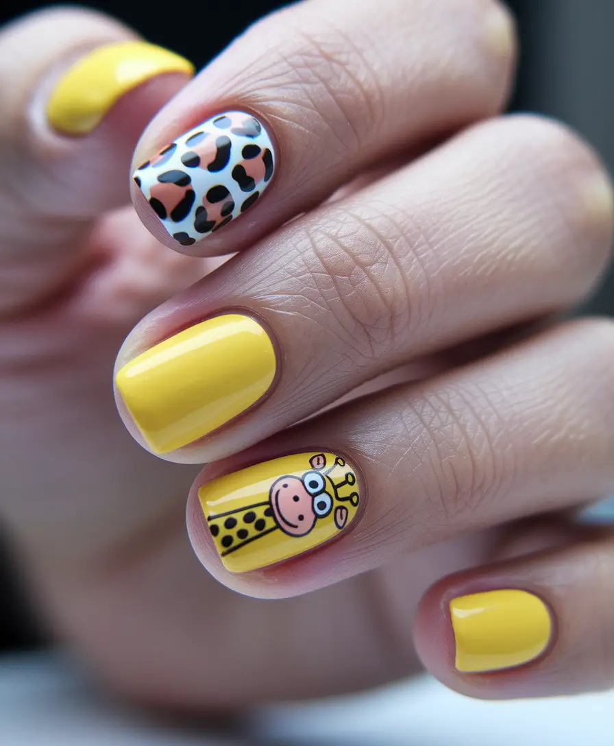 cute summer nails ideas 2025 Safari Fun with Cartoon Giraffes
