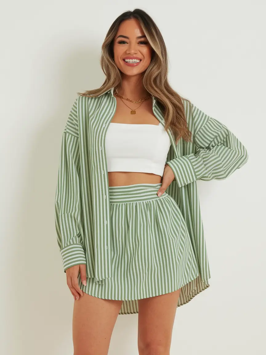 cute summer outfit inspo 2025 Striped Set with Preppy-Chic Simplicity