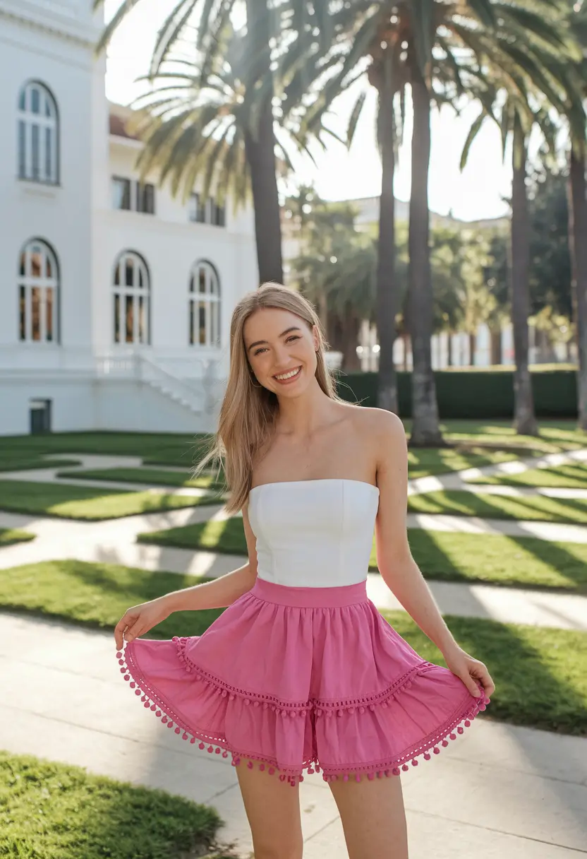 cute summer outfit inspo 2025 Pom-Pom Skirt and Strapless Charm