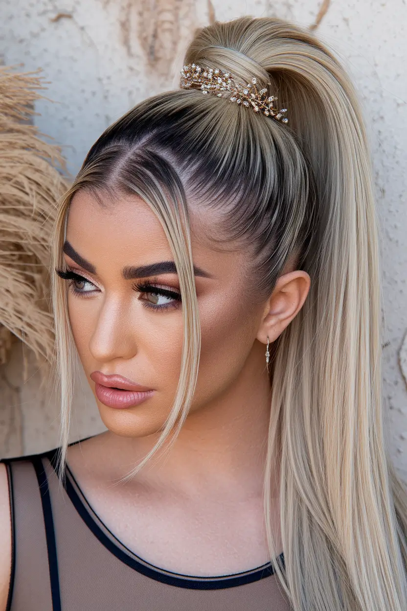 easy summer hairstyles Slick Glam Pony with Statement Detail