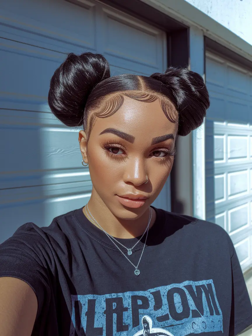 easy summer hairstyles Space Buns with Precision Edges
