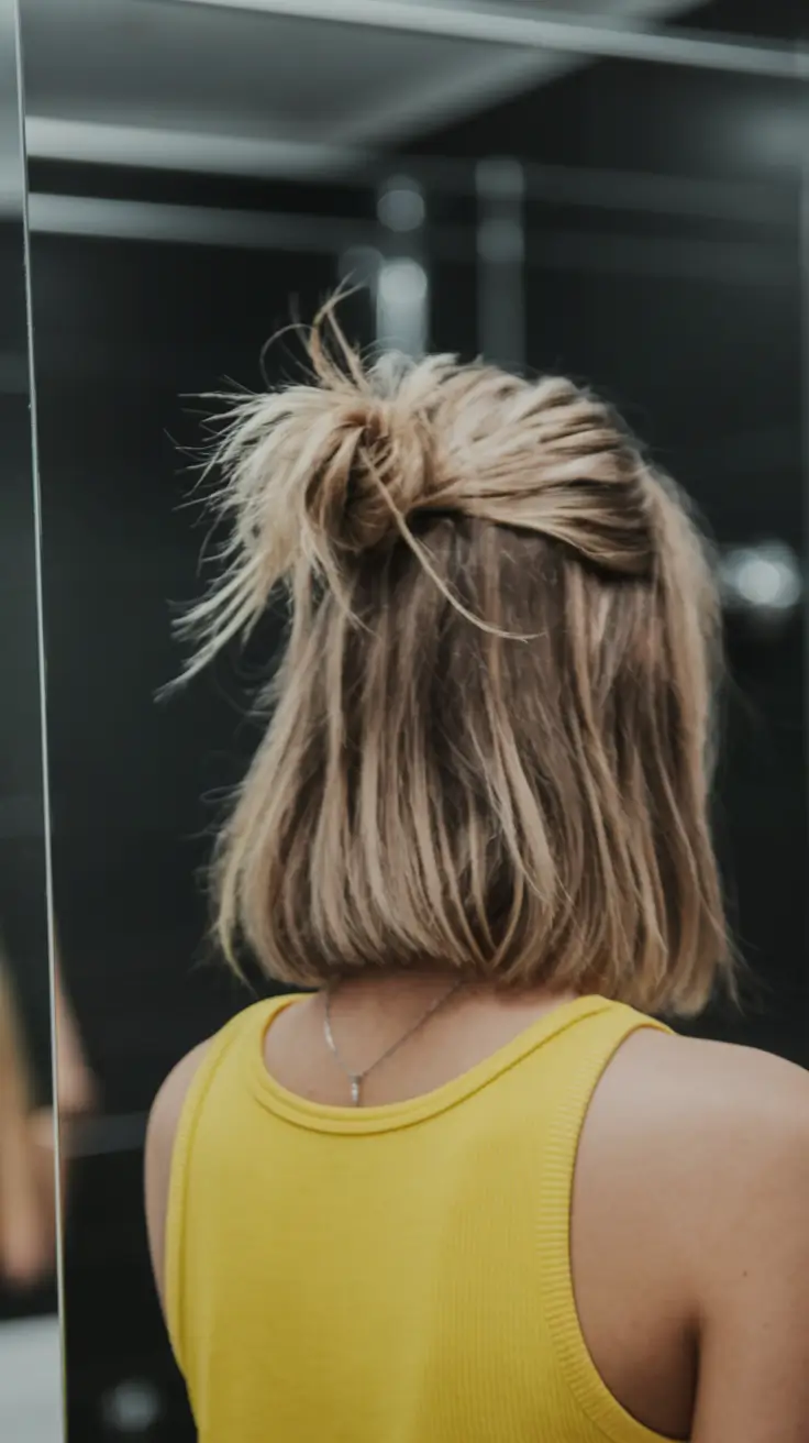 Effortless Summer Hairstyles Half-Up Mini Bun on Blunt Ends
