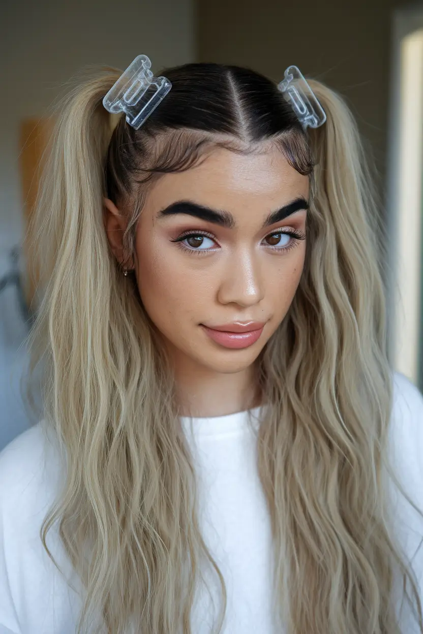 Effortless Summer Hairstyles Playful Pigtails with Claw Clips and Baby Hairs