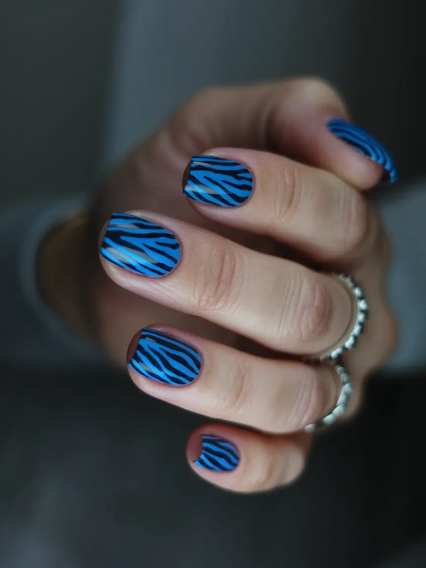 gel summer nails ideas 2025 Electric Blue Meets Wild Prints
