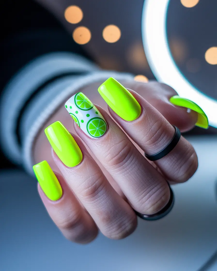 gel summer nails ideas 2025 Lime Pop With Summer Fruit Accent