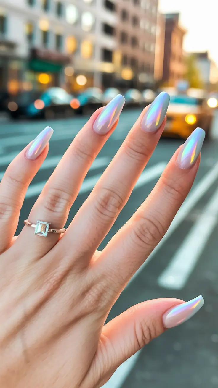 gel summer nails ideas 2025 Holographic Shine with an Ethereal Finish