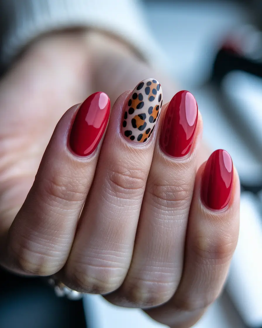 gel summer nails ideas 2025 Red and Leopard Accent