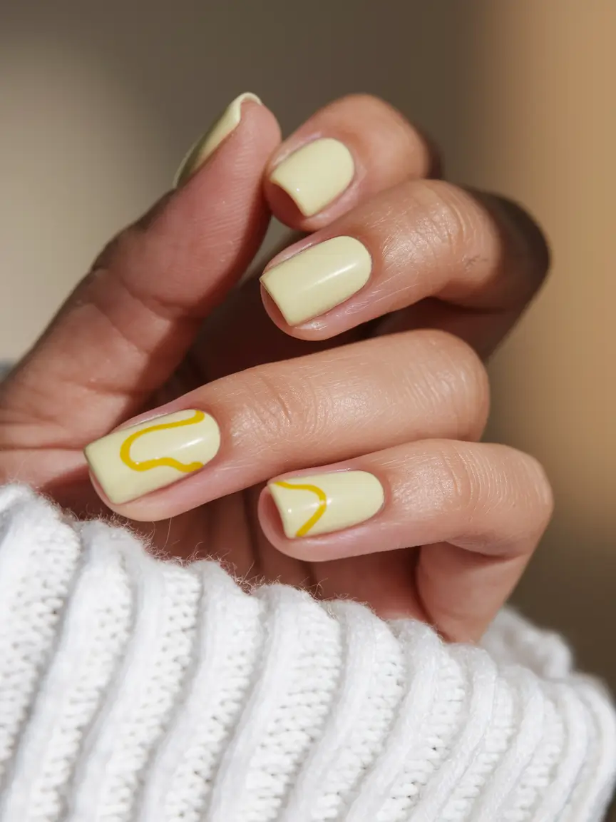 gel summer nails ideas 2025 Pastel Lemon with Artsy Lines