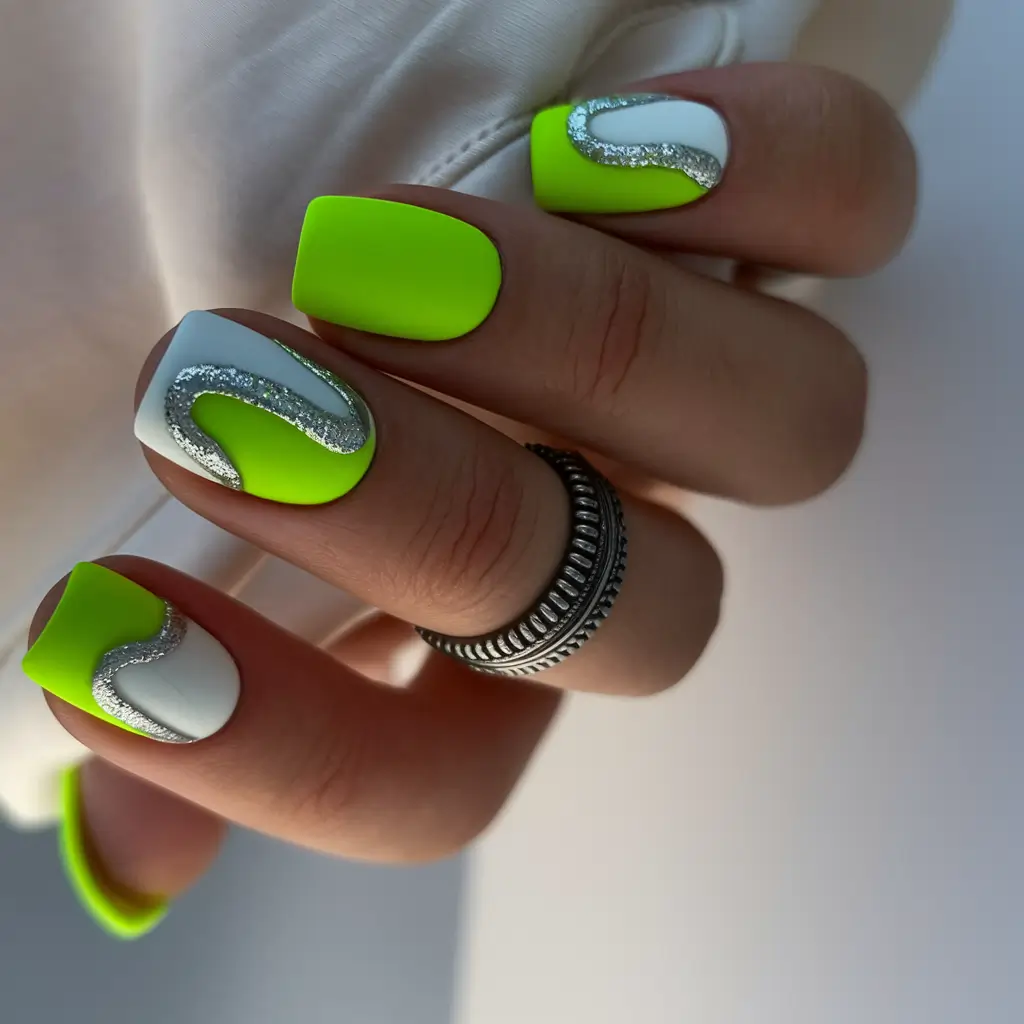 gel summer nails ideas 2025 Neon Acid Curve With Glitter Drip