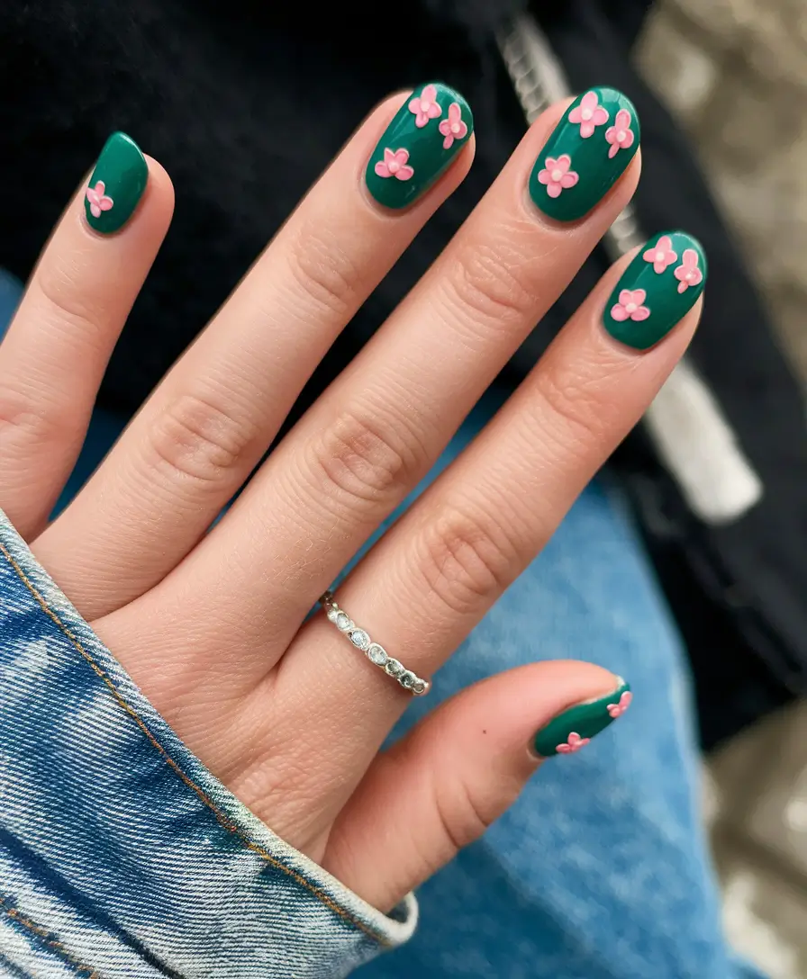 gel summer nails ideas 2025 Blooming Flowers on Emerald Base