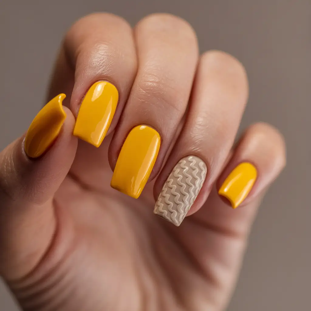 gel summer nails ideas 2025 Yellow Shine with Wavy 3D Accent