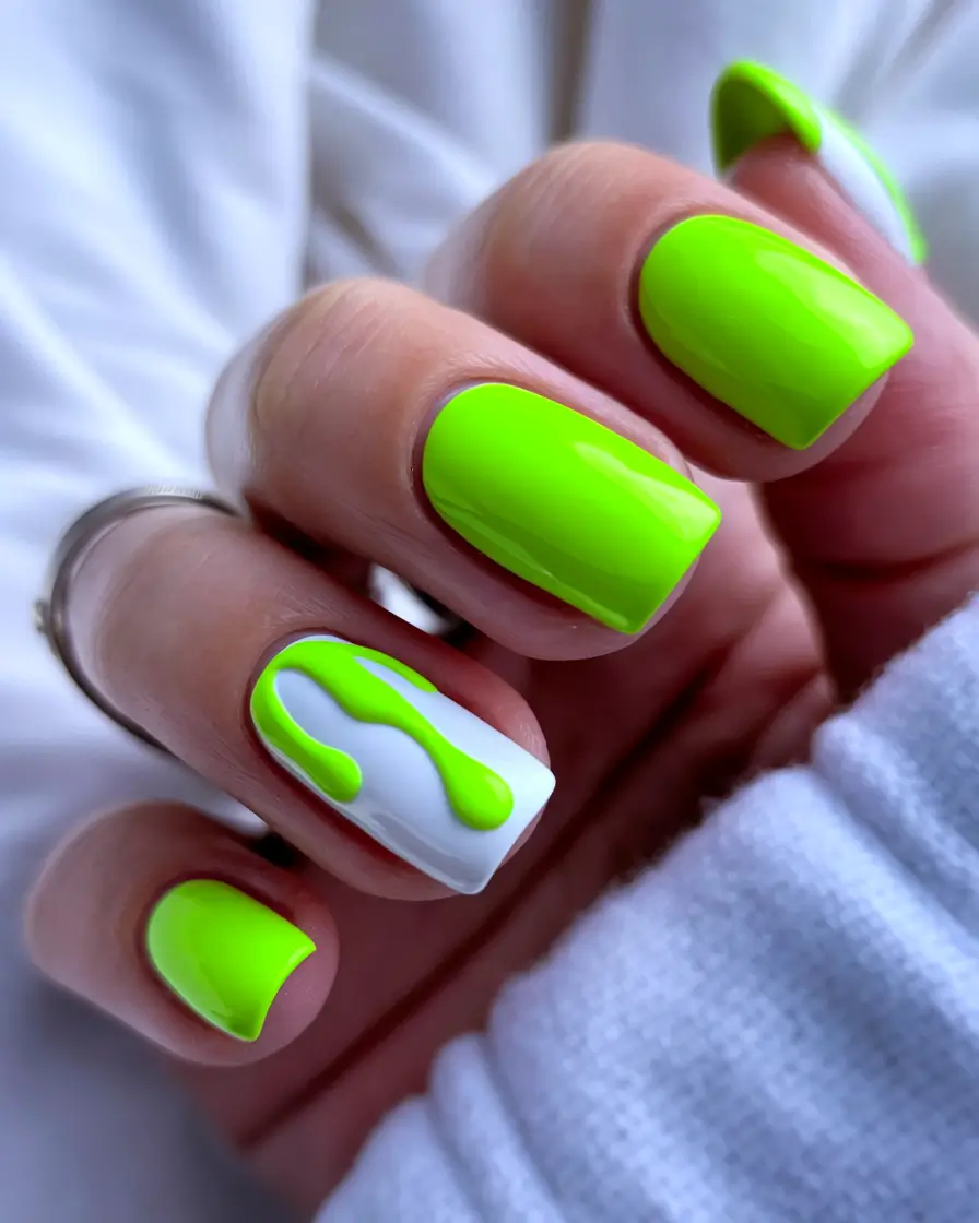 gel summer nails ideas 2025 Neon Slime Drip on White Base