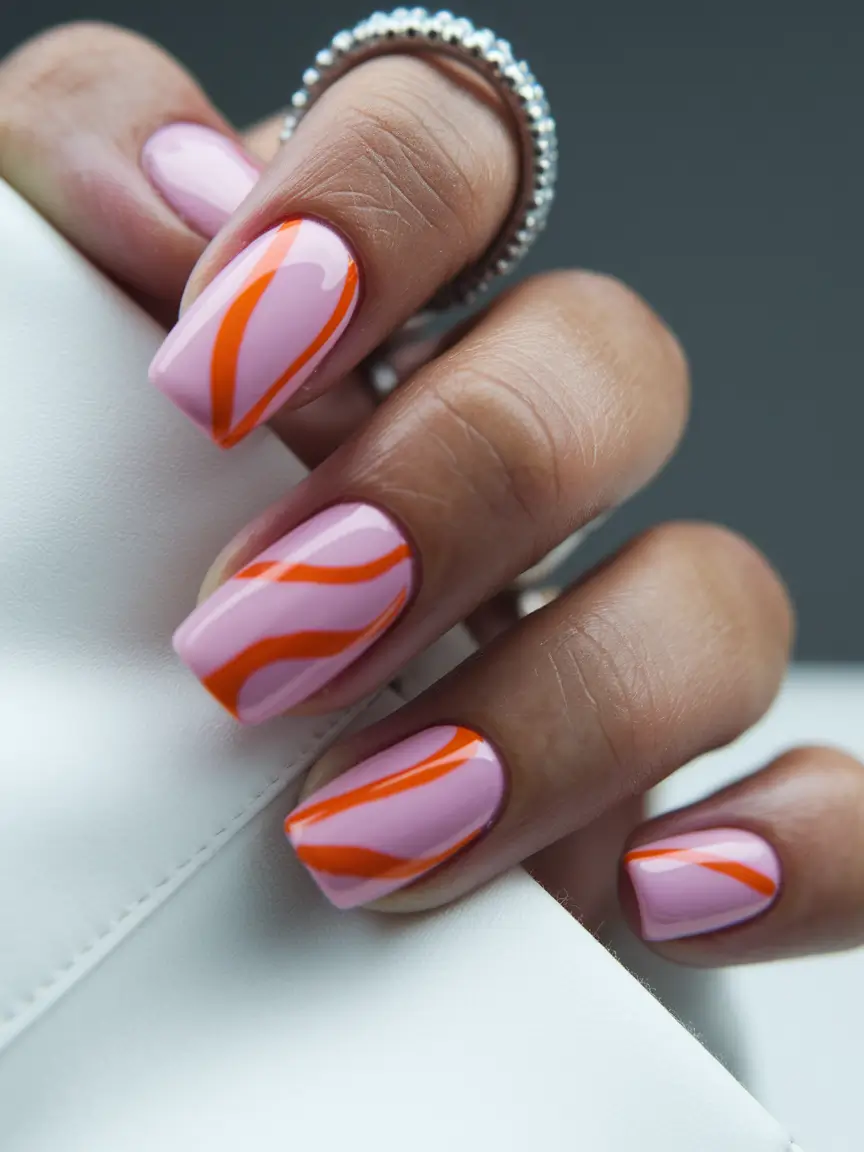 gel summer nails ideas 2025 Retro Peachy Waves on Lilac