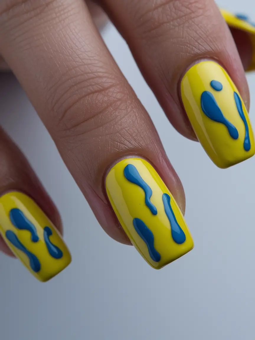 gel summer nails ideas 2025 Yellow Sunshine Drip With Blue Chrome