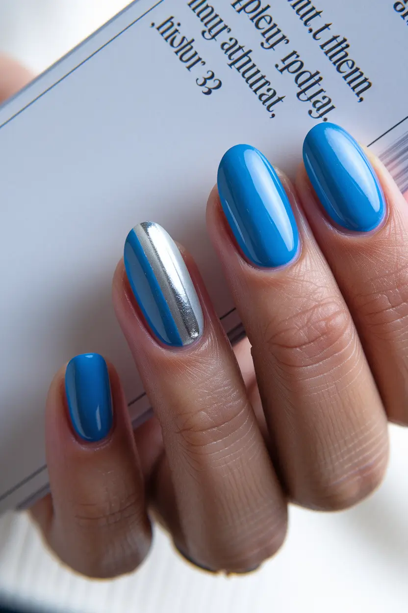 gel summer nails ideas 2025 Blue Chrome Accent With Sleek Shine