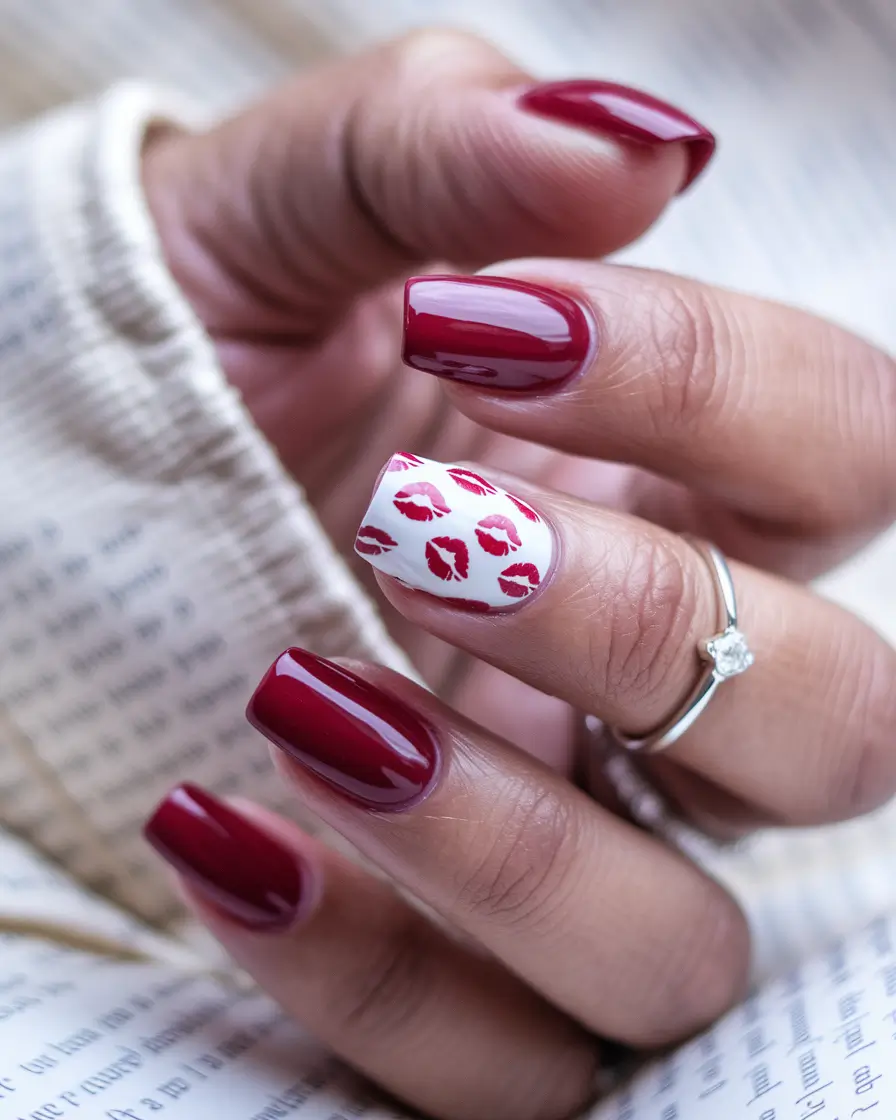 gel summer nails ideas 2025 Berry Red and Lip Print Accent