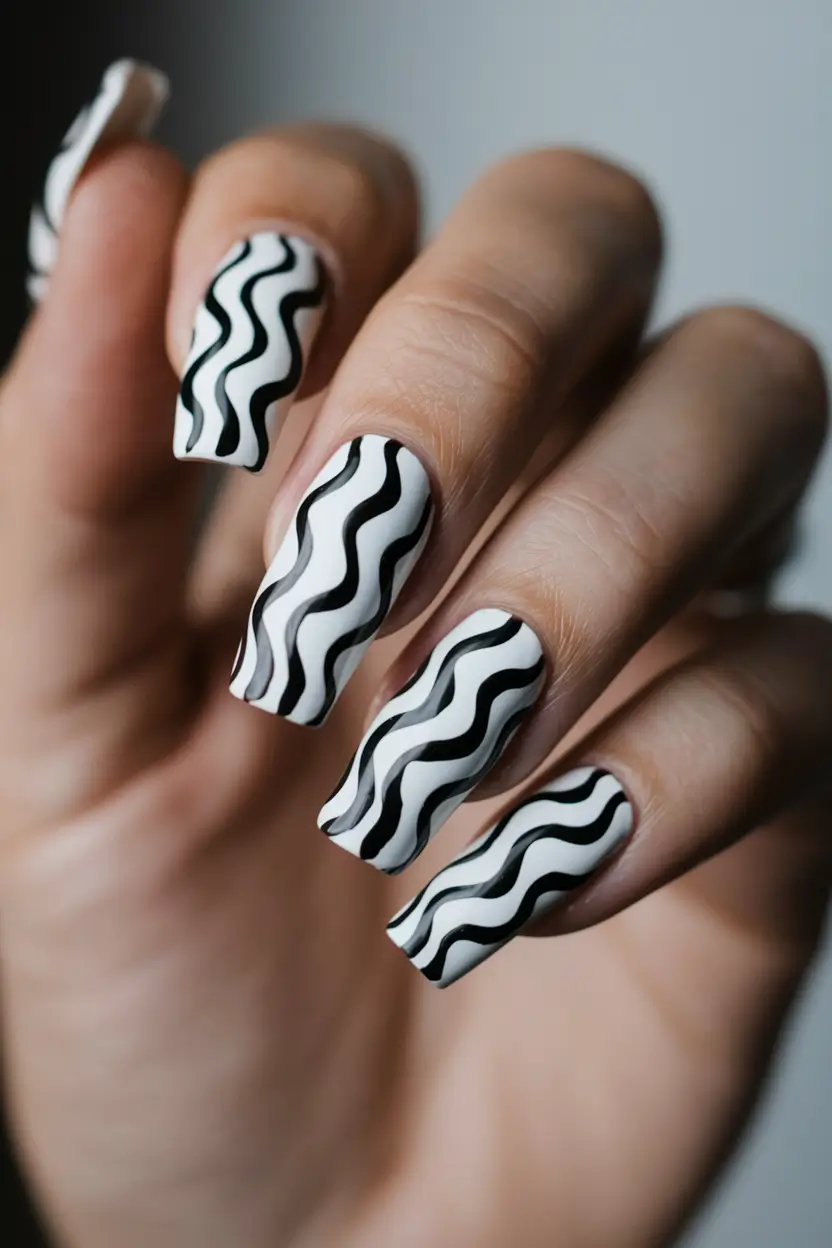 gel summer nails ideas 2025 Wavy Black and White Optical Illusion