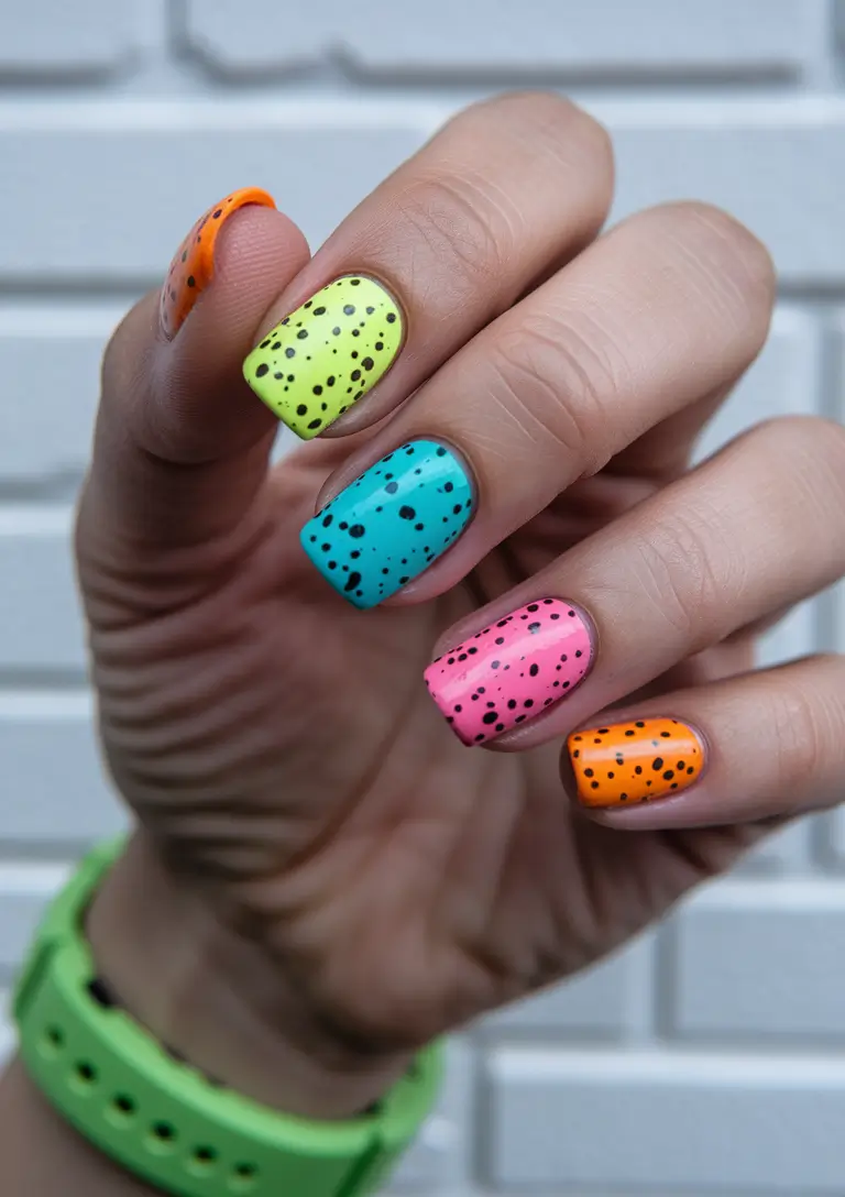 hot summer nails short neon colors pink blue green orange speckled ideas 2025