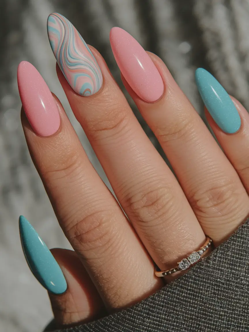 hot summer nails pink blue almond pastel swirl designs 2025