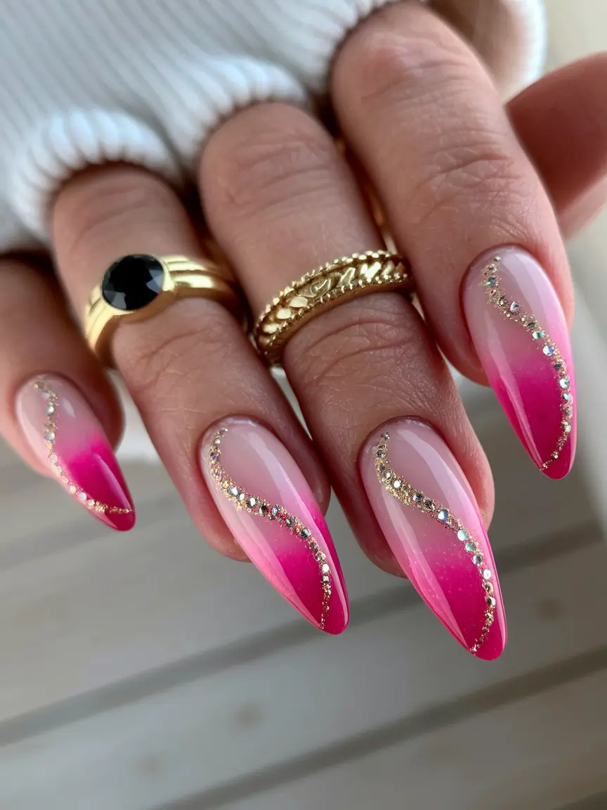 hot summer nails pink almond rhinestone wave designs 2025 hot summer nail colors
