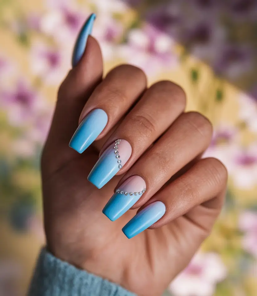 hot summer nails blue ombre rhinestones square designs 2025 colors 2025