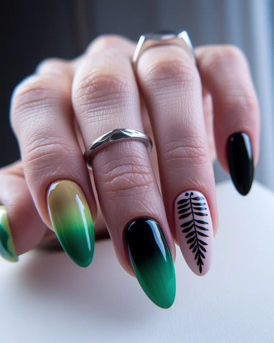 hot summer nails green ombre leaf designs 2025