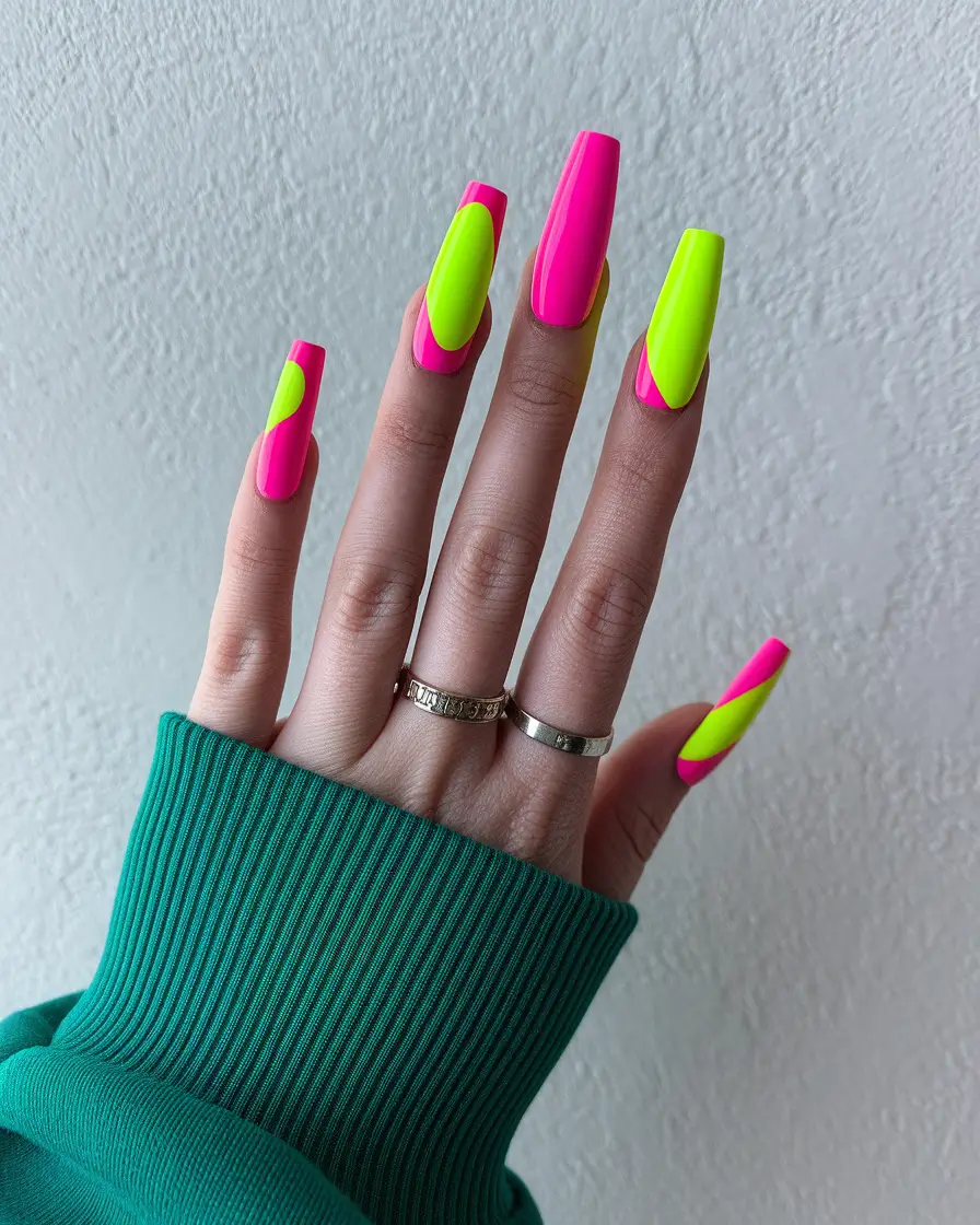 hot summer nails neon pink yellow long square hot summer nail designs 2025