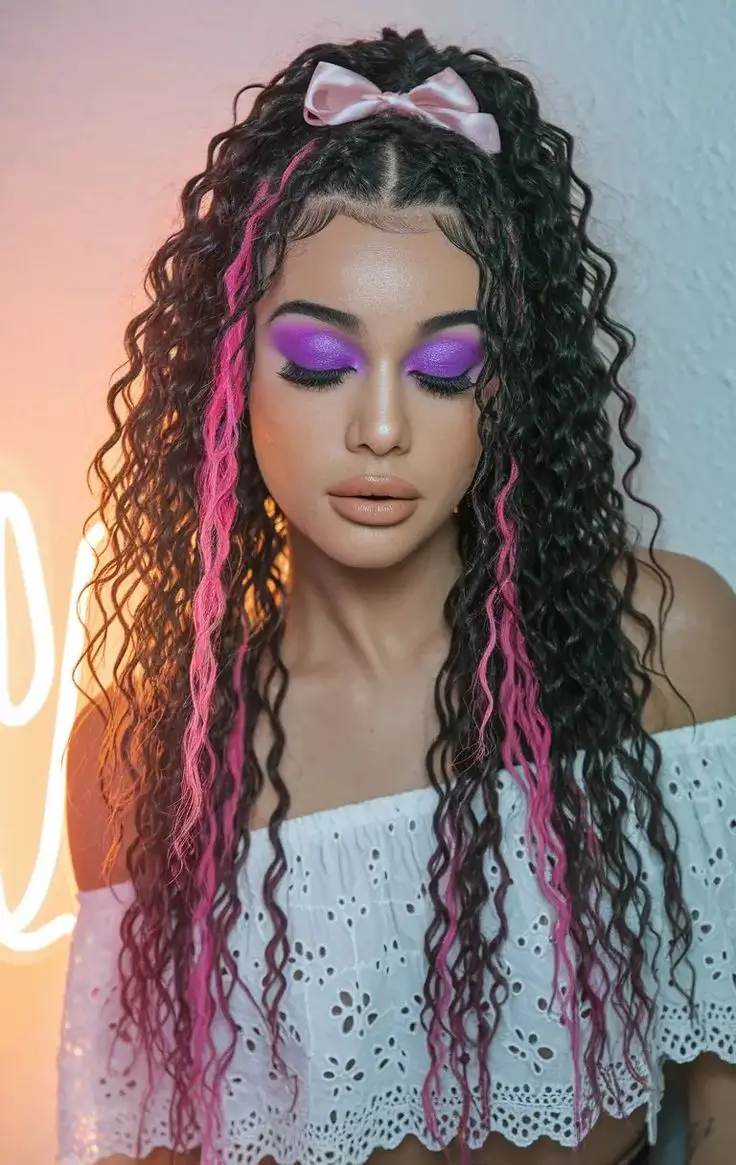 july hairstyles ideas 2025 Pink Ribbon Curls with Neon Pop