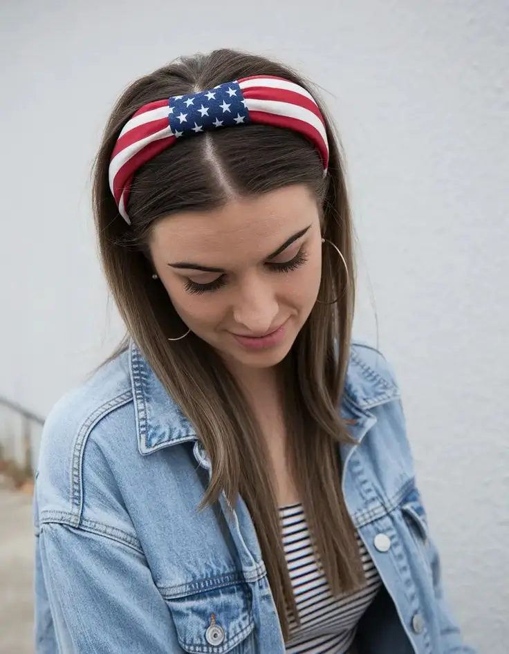 july hairstyles ideas 2025 Stars-and-Stripes Headband with Straightened Simplicity