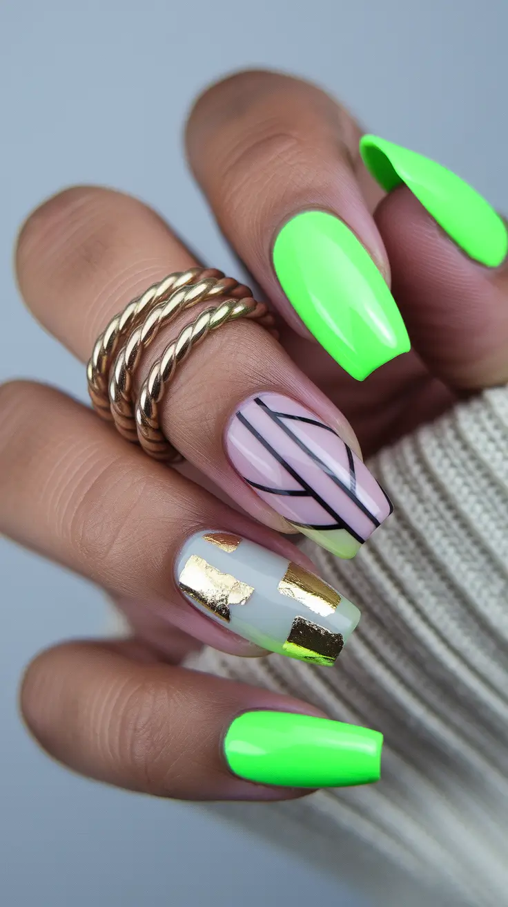 july nails colors 2025 Bold Neon with Gold Foil Accents