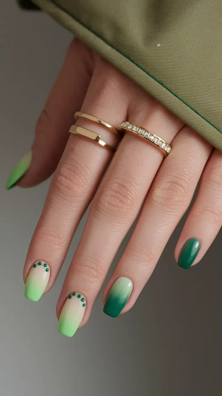 july nails colors 2025 Gradient Green with Jewel Accents