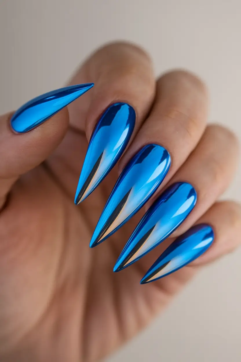 july nails colors 2025 Electric Blue Chrome Stiletto