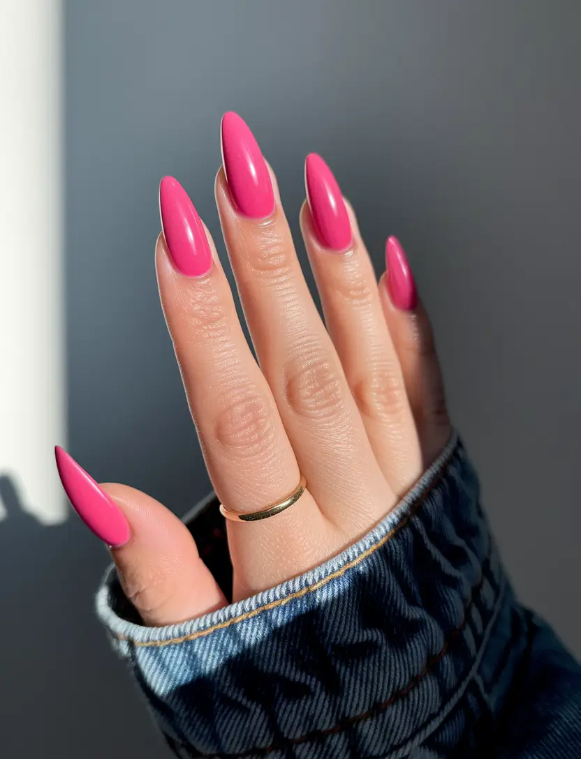 july nails colors 2025 Hot Pink Almond Nails