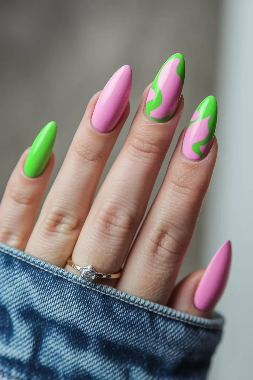 july nails colors 2025 Pink and Green Swirl Stilettos