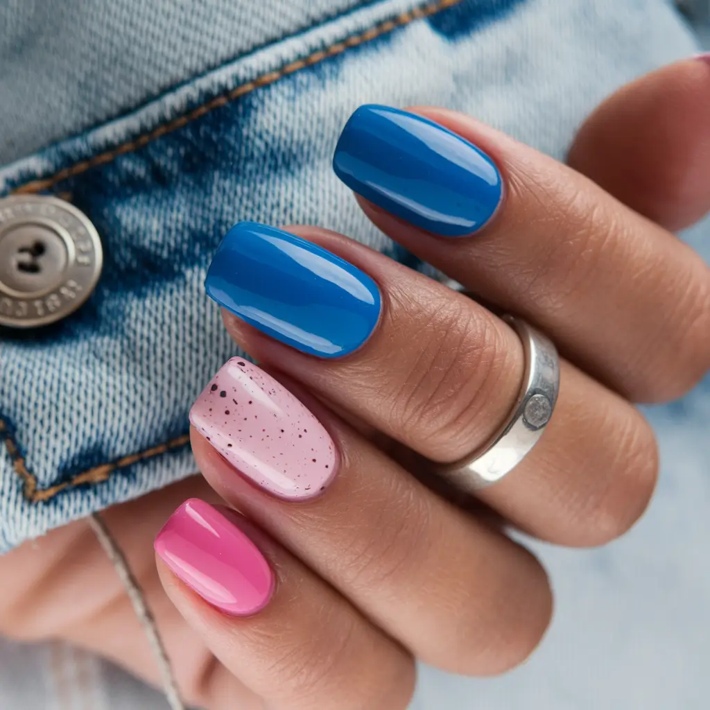 july nails colors 2025 Blue and Pink Mixed Media
