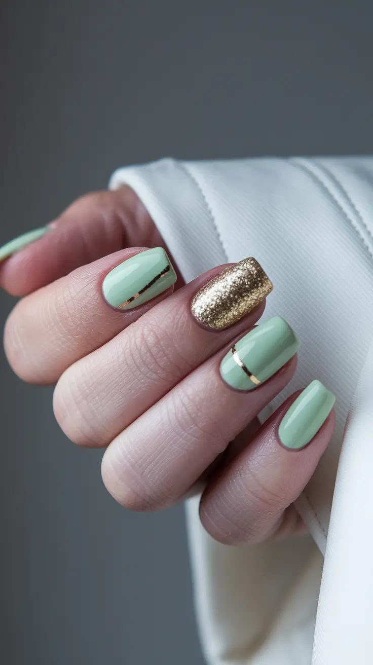 july nails colors 2025 Sage Green and Gold Glam