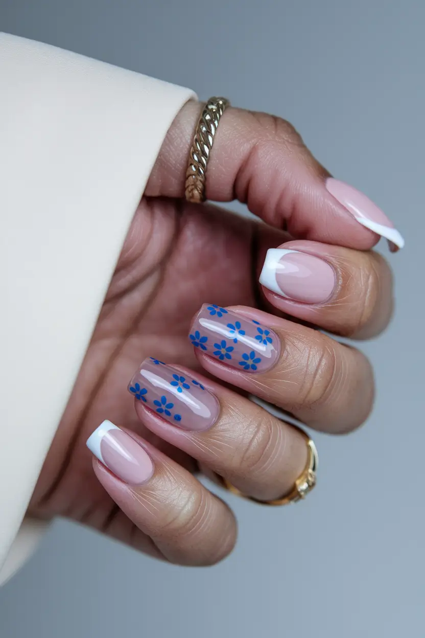 july nails colors 2025 Classic French Tips with Blue Floral Accents