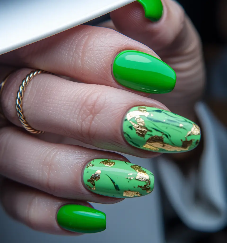 july nails colors 2025 Gold Leaf Marble Effect