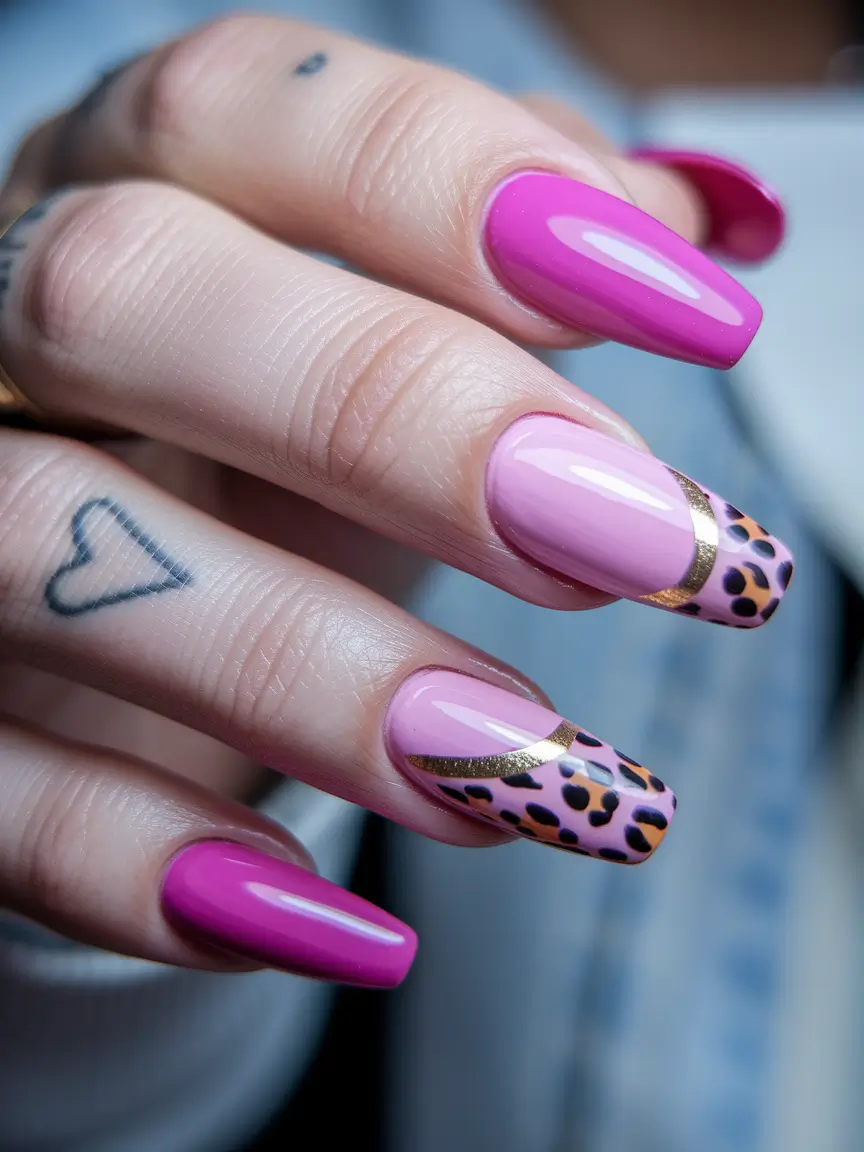 july nails colors 2025 Pink Leopard French Tips