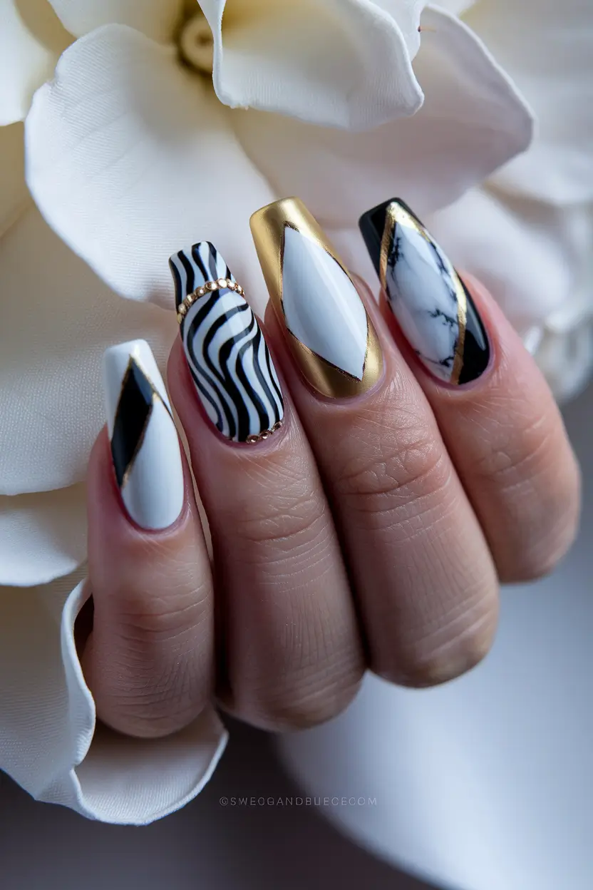 july nails colors 2025 Zebra Print and Gold Geometric Art