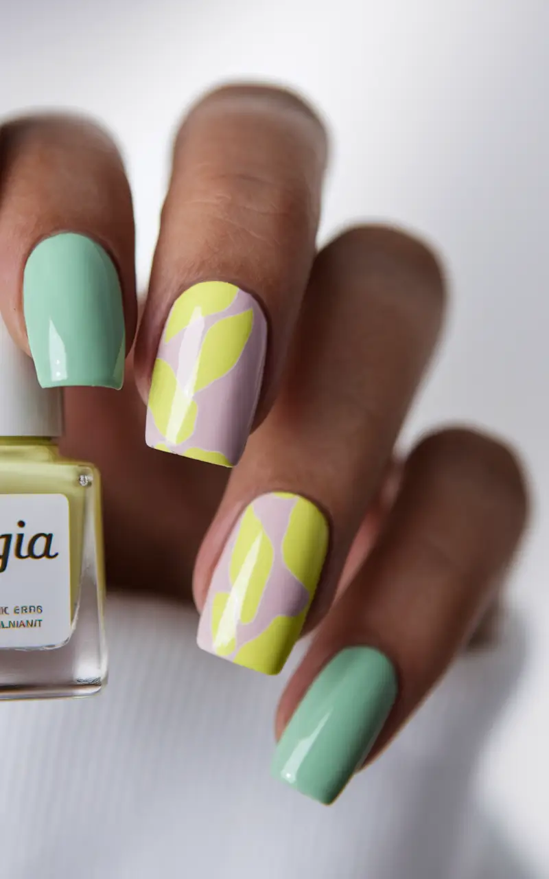 july nails colors 2025 Pastel Lemon and Mint Leaf Art