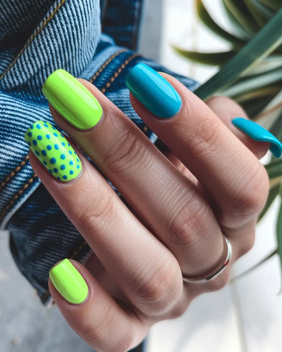 july nails colors 2025 Neon Green and Blue Polka Dot Play