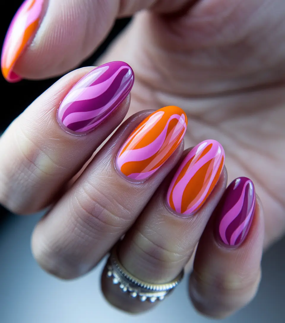 july nails colors 2025 Retro Orange and Pink Waves
