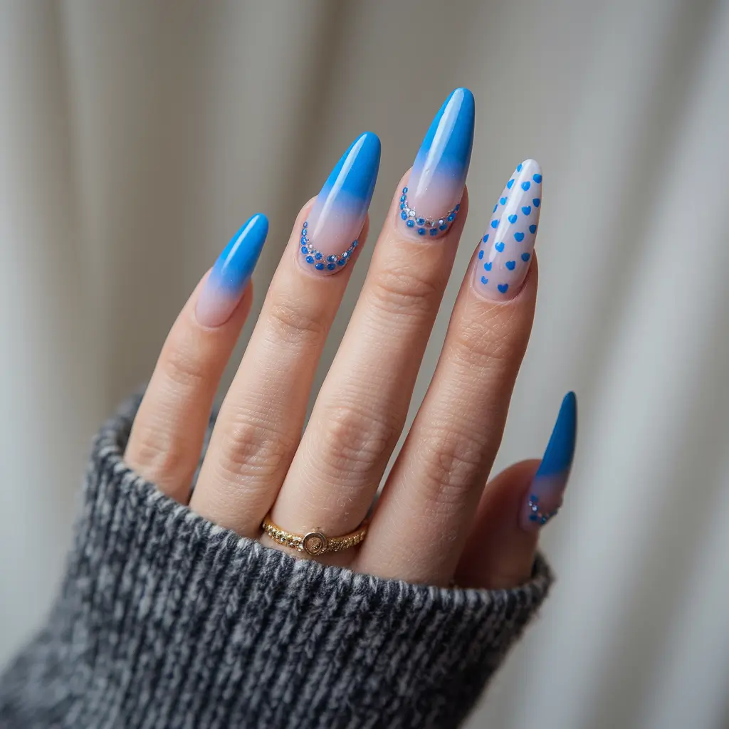 june nail art ideas 2025 Blue Ombre and Hearts