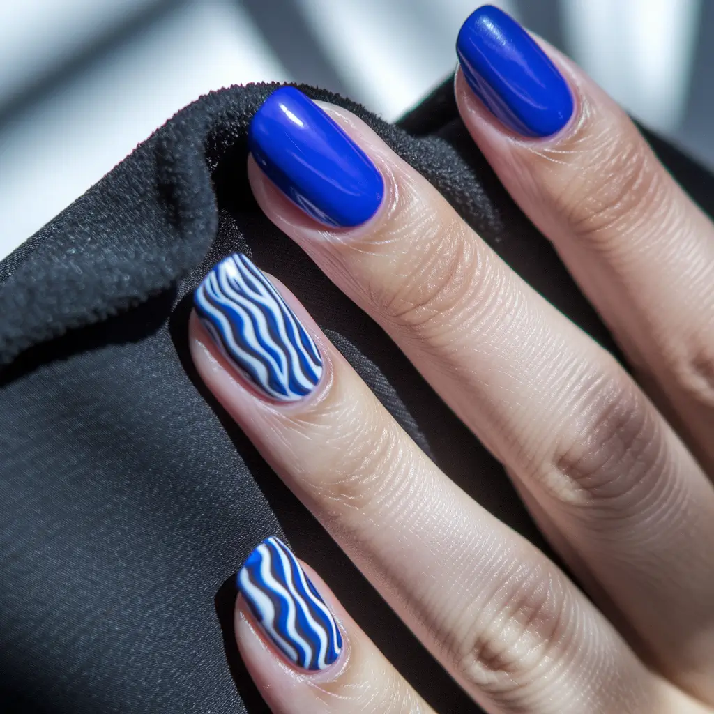 june nail art ideas 2025 Glossy Royal Blue and Wavy Lines