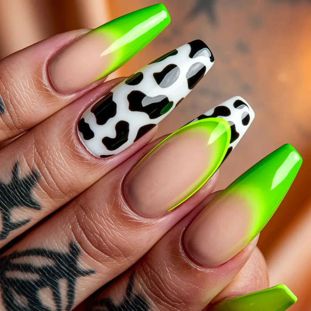 june nail art ideas 2025 Neon Green & Cow Print Remix